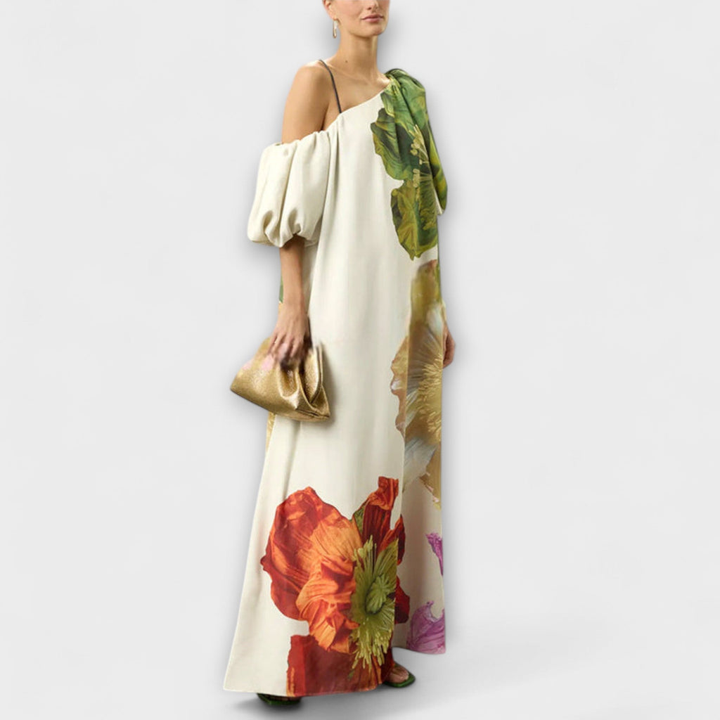 Skylar | Floral Print Maxi Dress, Asymmetrical Neckline and Balloon Sleeves