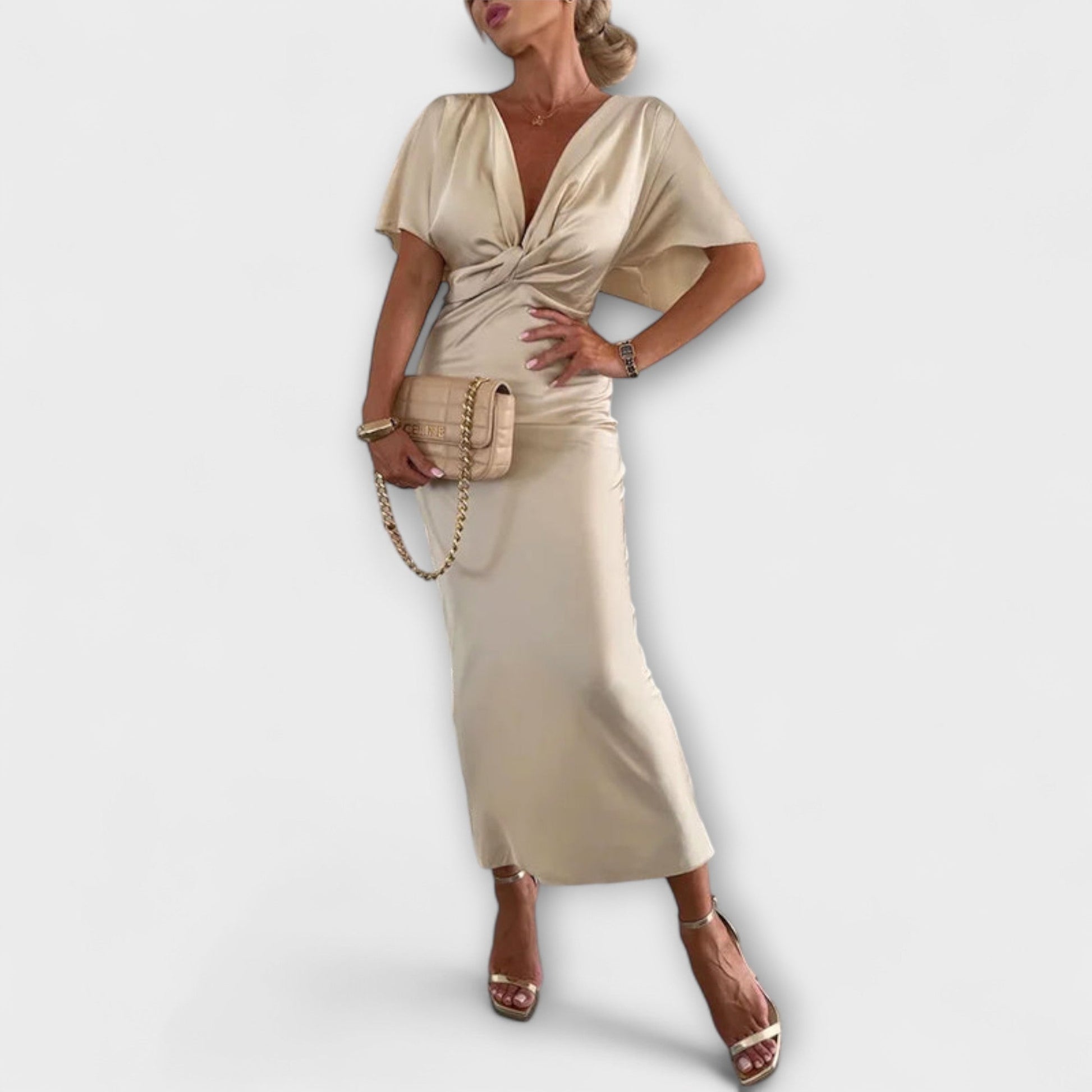 Sable | Maxi dress with V-neck and solid satin crossover knot