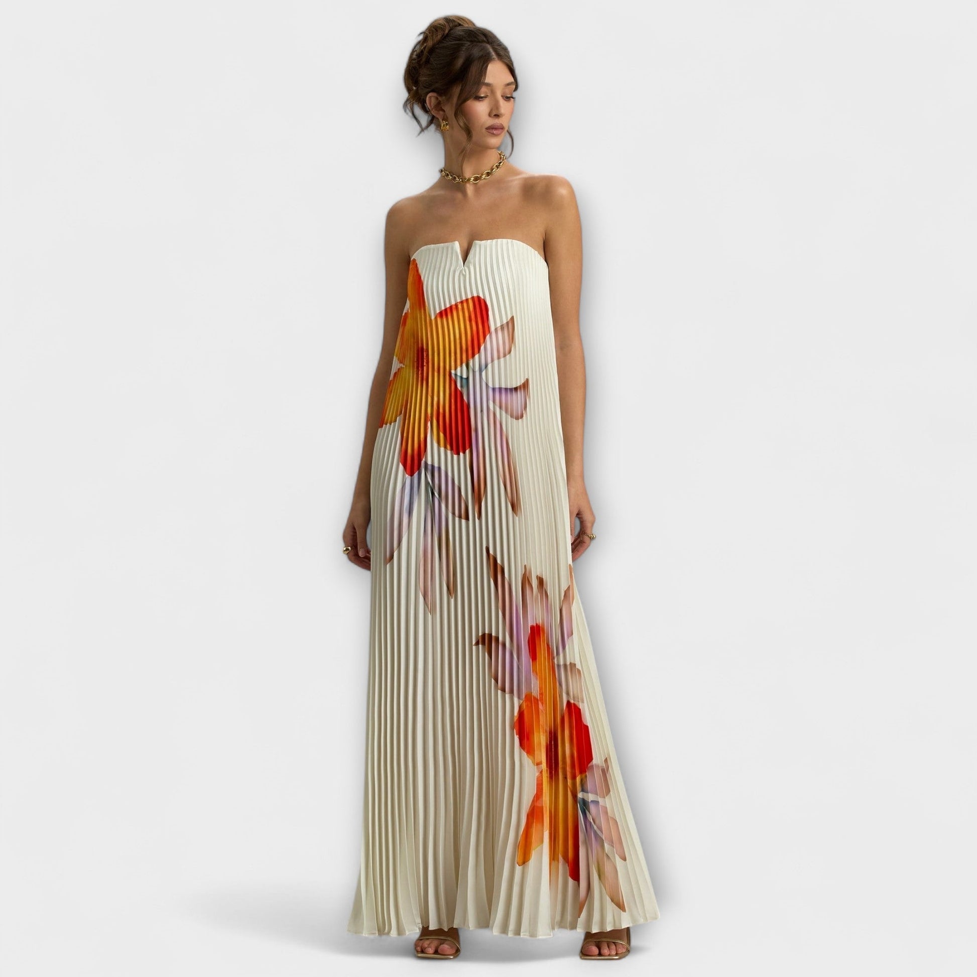 Michelle | Orange Floral Print Sweetheart Maxi Dress