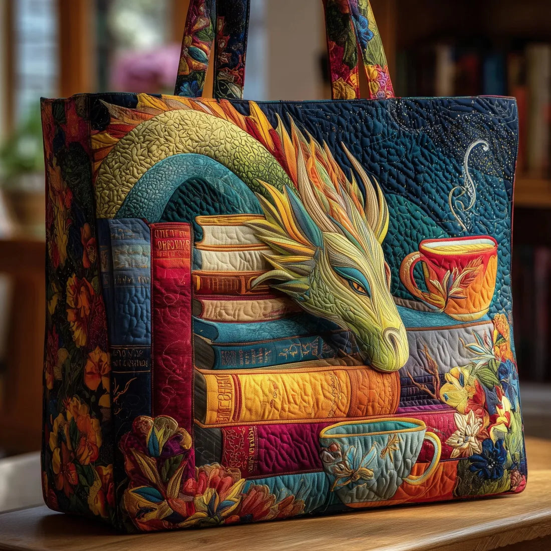 Handcrafted Bag | Dragon Reader with Books and Mugs
