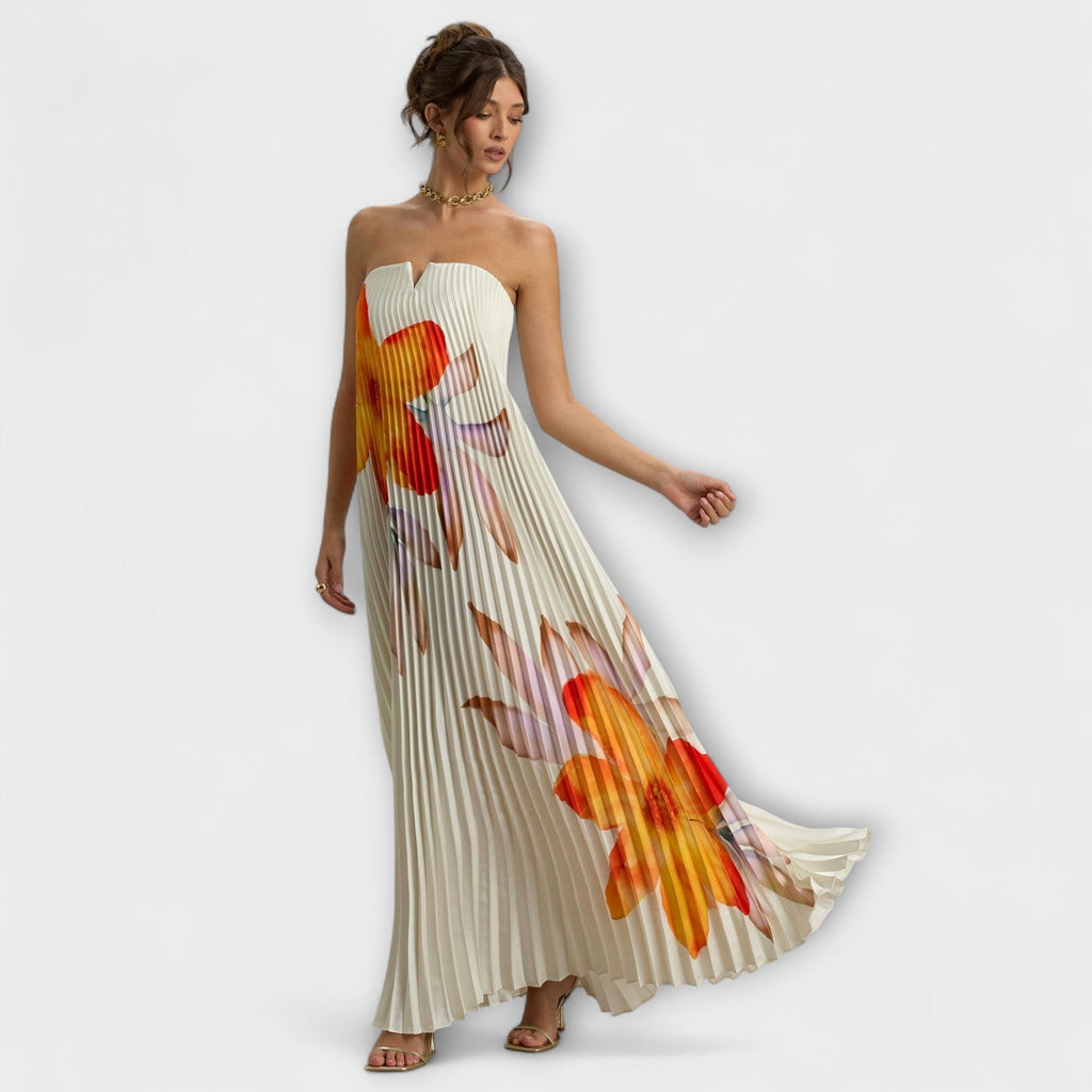 Michelle | Orange Floral Print Sweetheart Maxi Dress