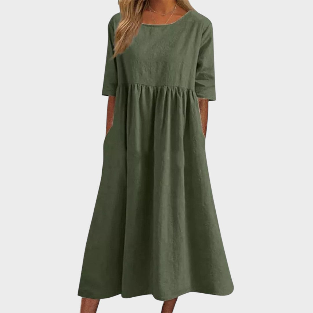 Lucia | Cotton Dress with Round Neck and Waist Detail
