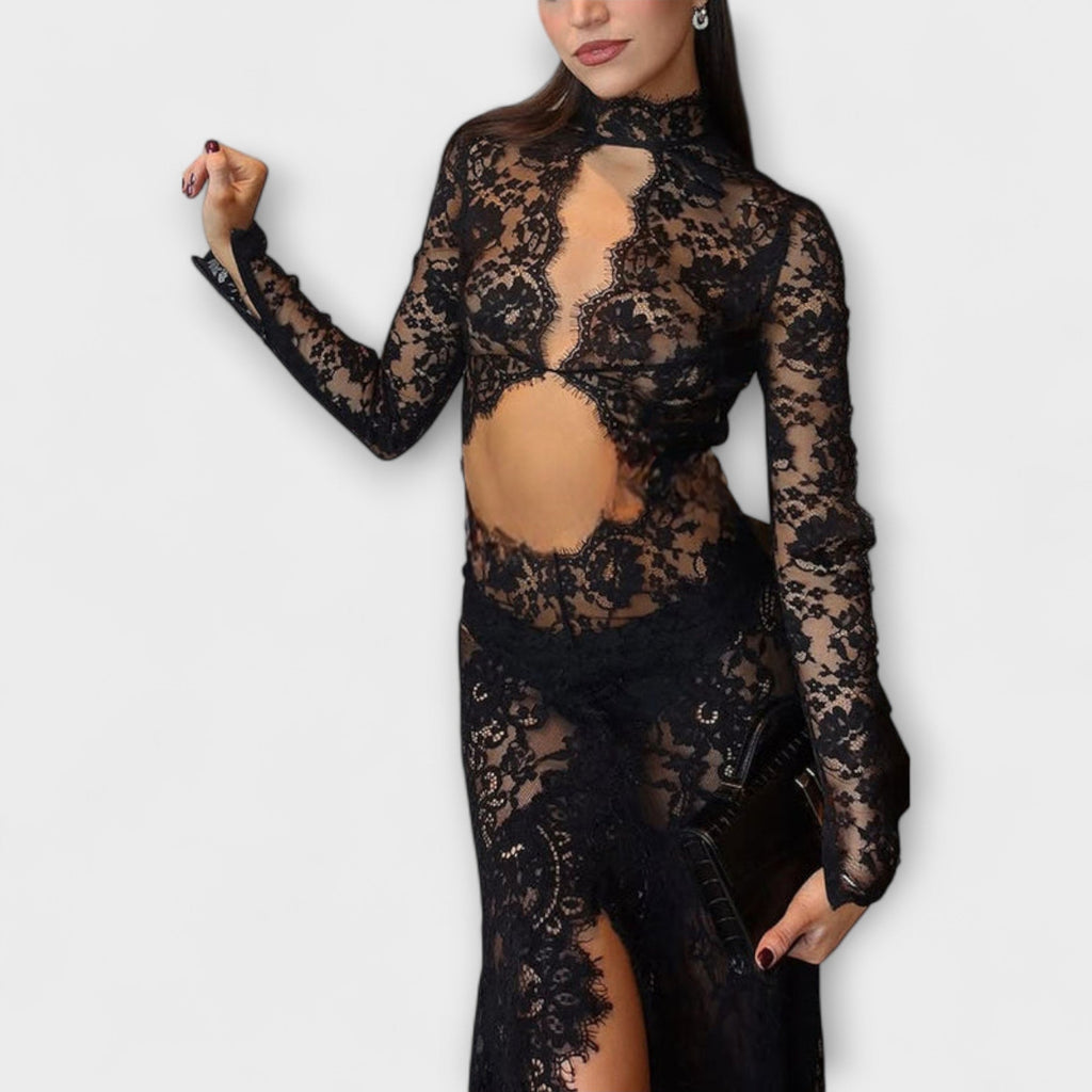 Azalea | Midnight Elegance Long Maxi Dress with Sheer Lace Sleeves