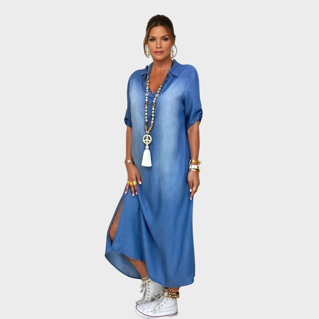 Lea | Long Denim Effect Dress with Side Slit