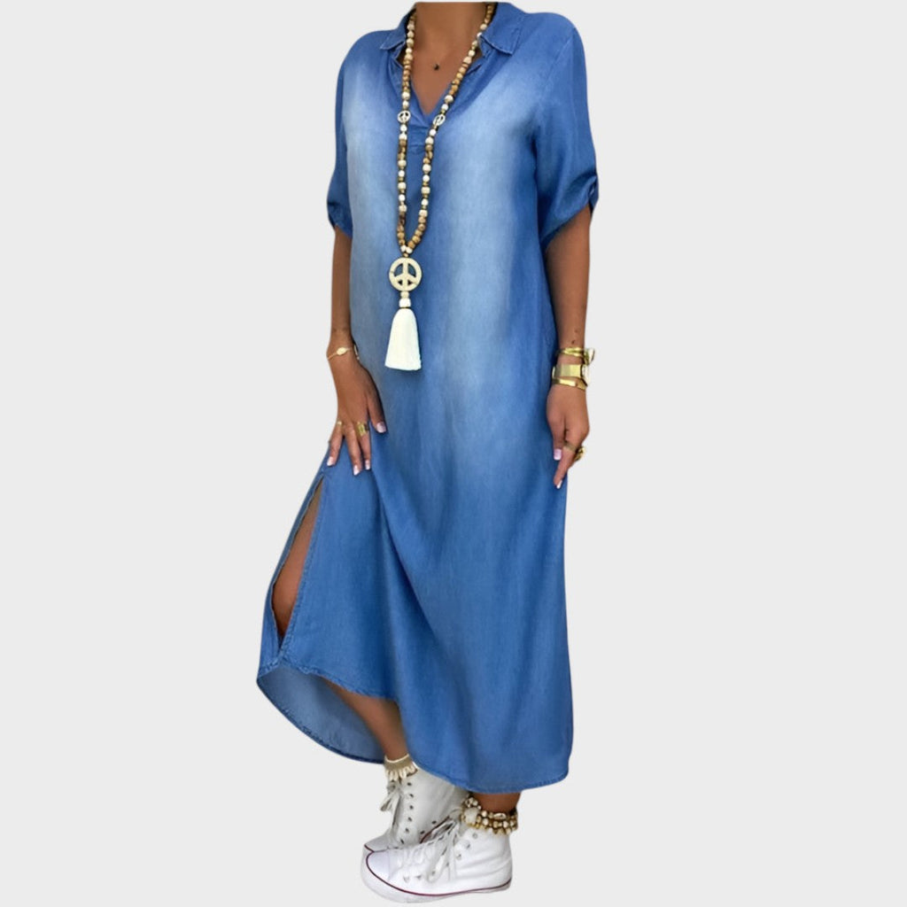 Lea | Long Denim Effect Dress with Side Slit