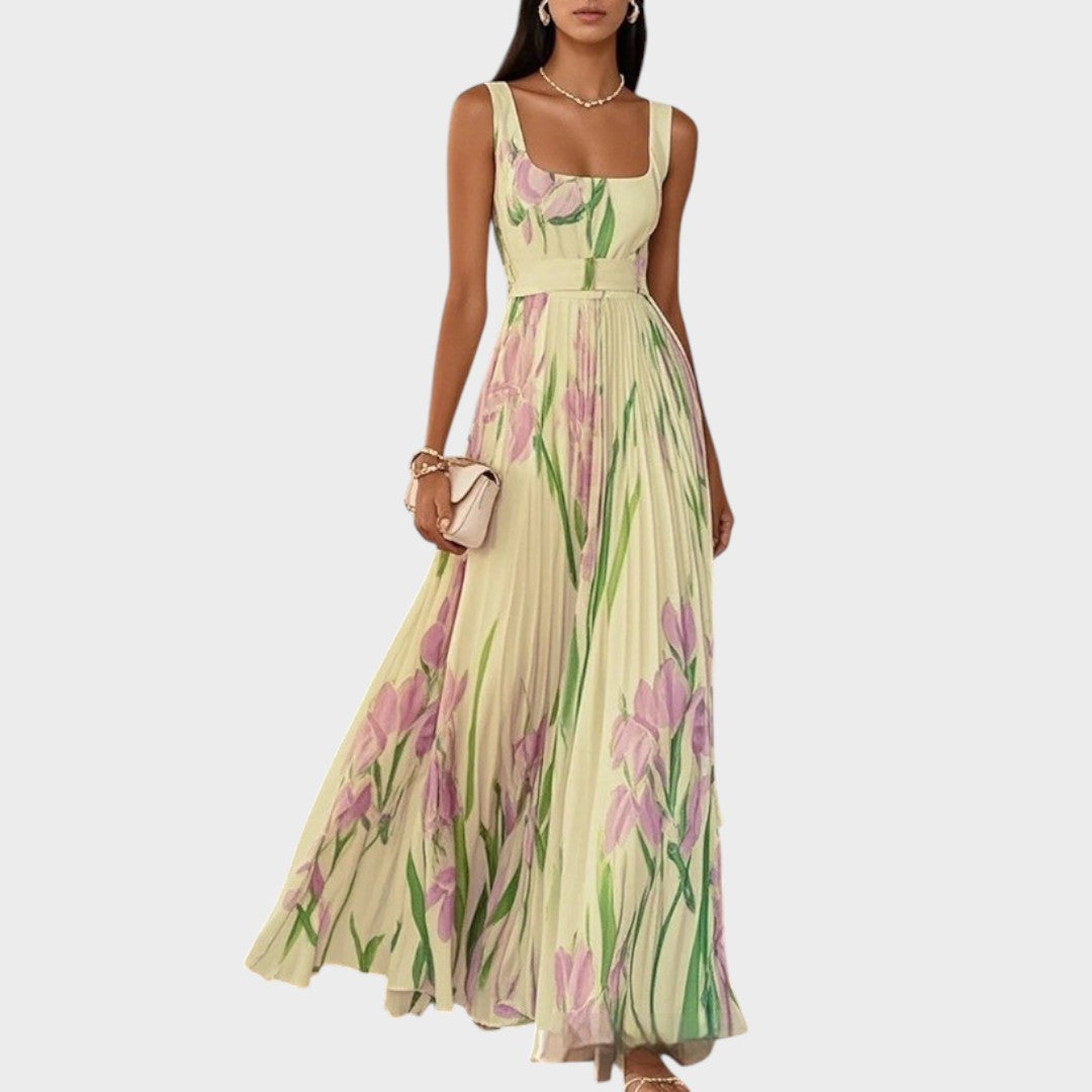 Luxe | Long Pleated Dress with Square Neckline and Chiffon Flowers