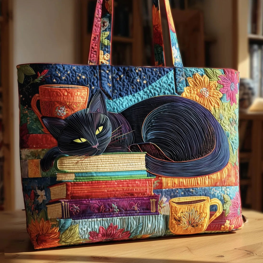 Handcrafted Bag | Black Cat with Books and Mugs