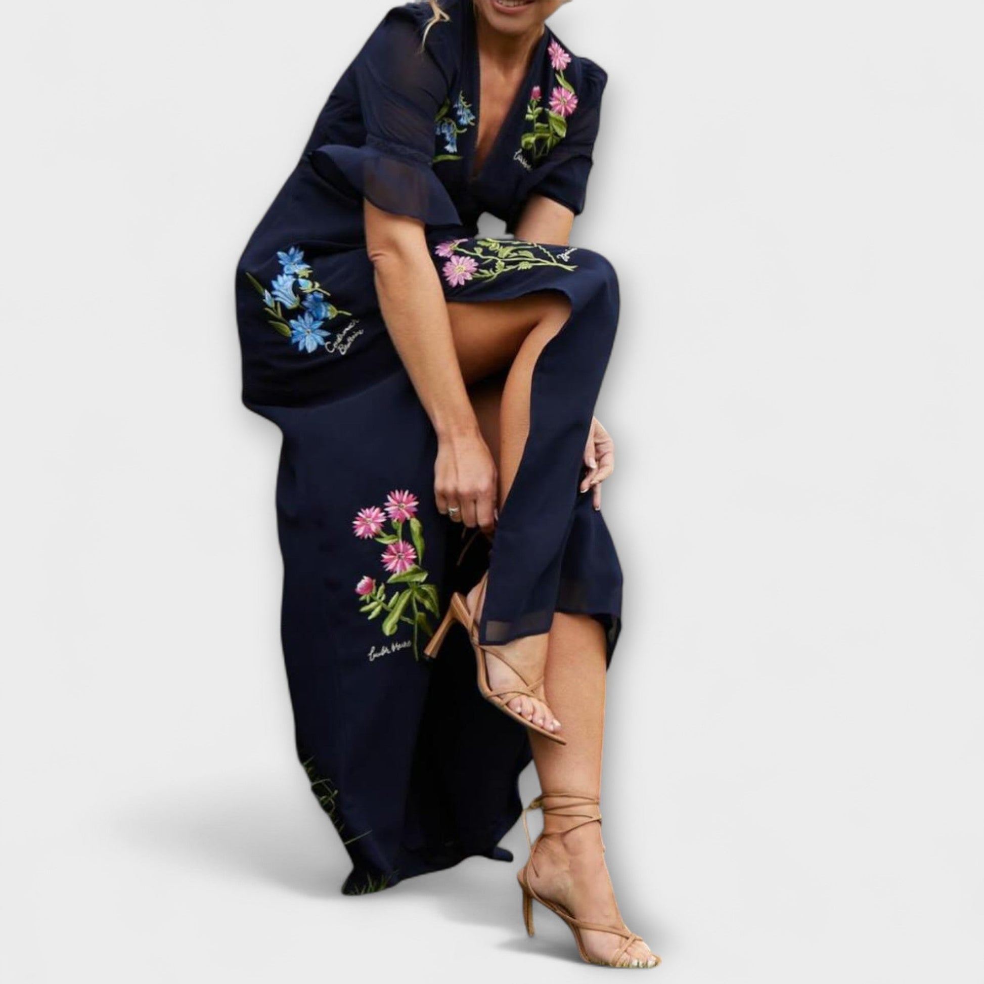 Béatrice | Elegant Navy Blue Dresses with Floral Embroidery
