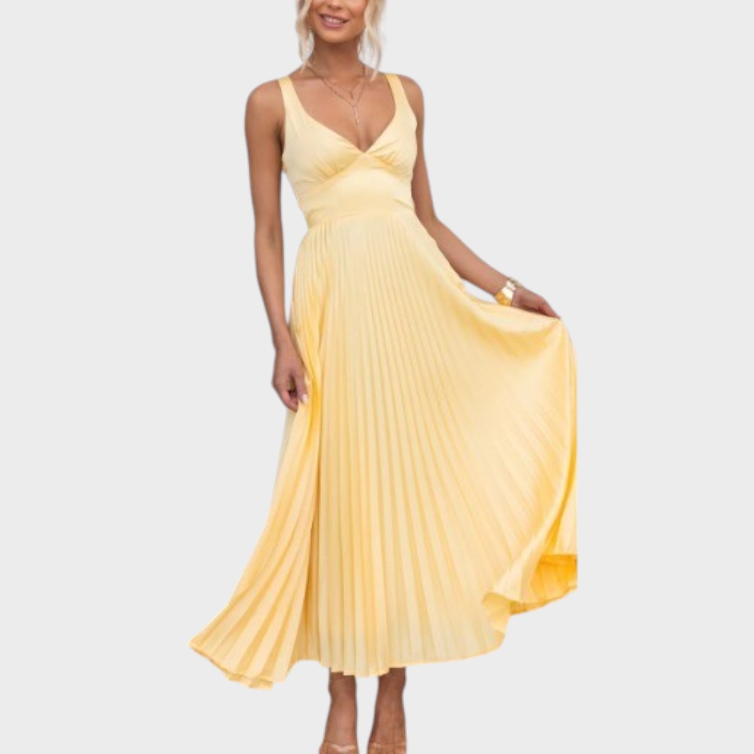 Noa | Long Yellow Pleated Dress with V-Neck