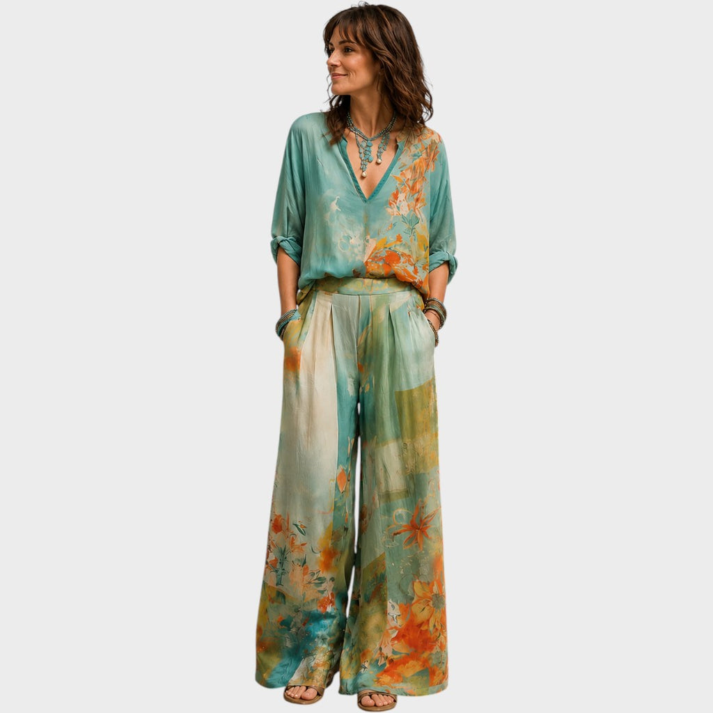 Celidora | Elegant Floral Print Set with Wide Leg Pants