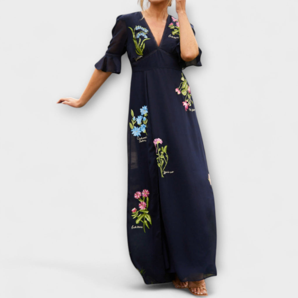 Béatrice | Elegant Navy Blue Dresses with Floral Embroidery
