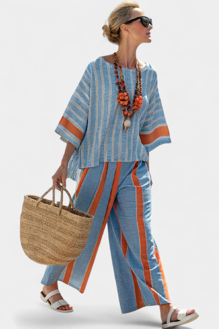 Aurora | Sophisticated Terracotta Striped Top and Linen Trousers