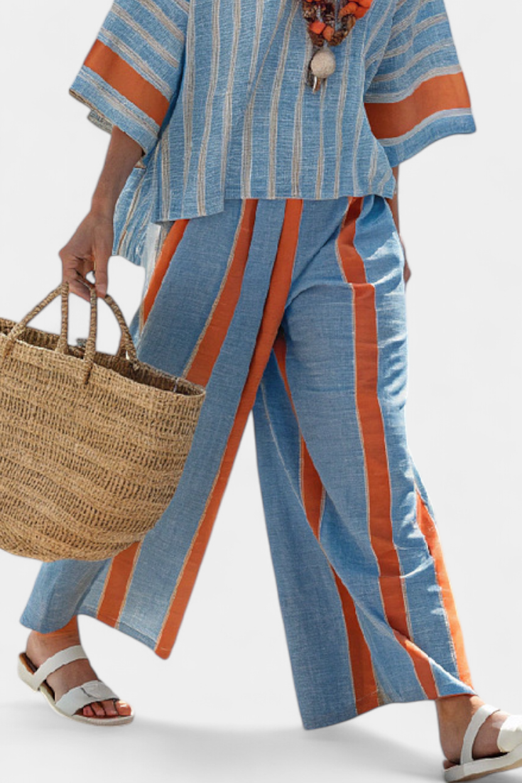 Aurora | Sophisticated Terracotta Striped Top and Linen Trousers