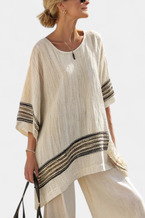 Aubrey | Elegant Black Striped Linen Top and Flowing Trousers