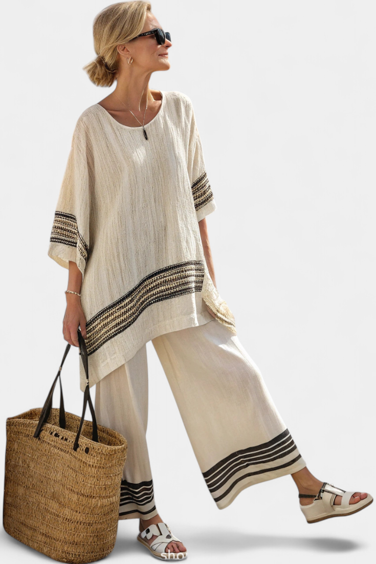 Aubrey | Elegant Black Striped Linen Top and Flowing Trousers
