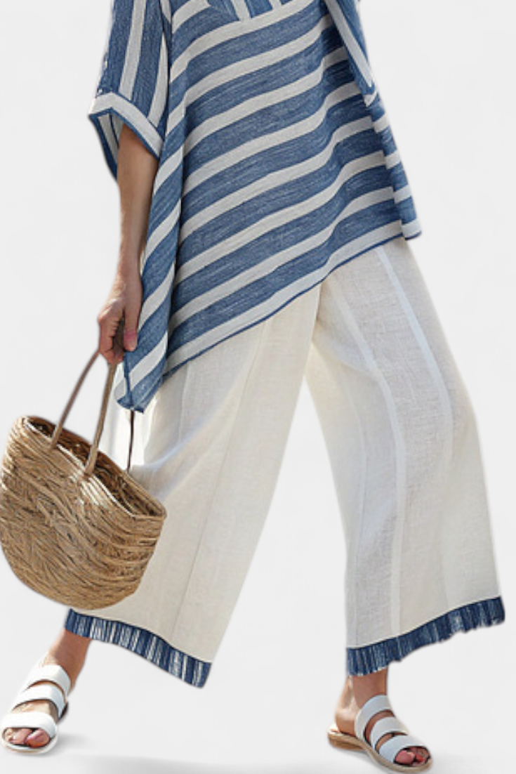 Colette | Sophisticated Blue Striped Top and Trousers with Hem Detailing