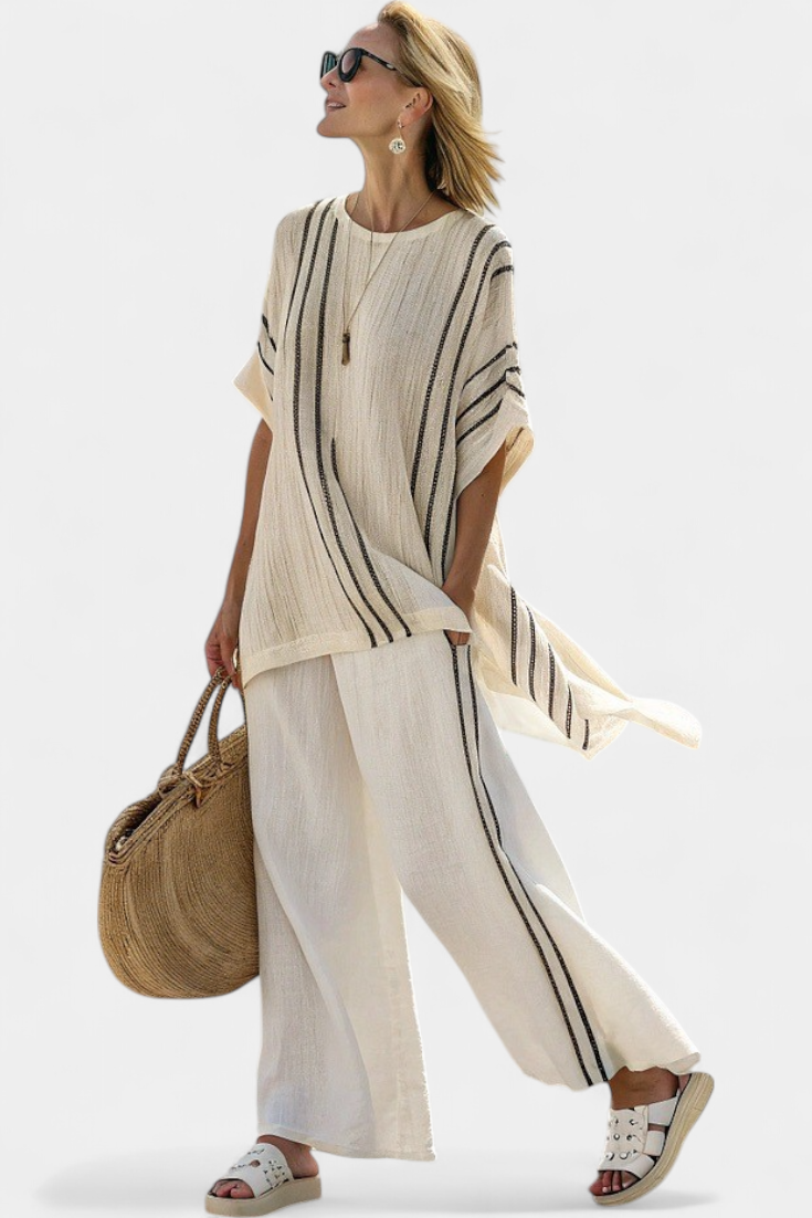 Isla | Elegant Ivory Linen Blouse and Black Striped Trousers