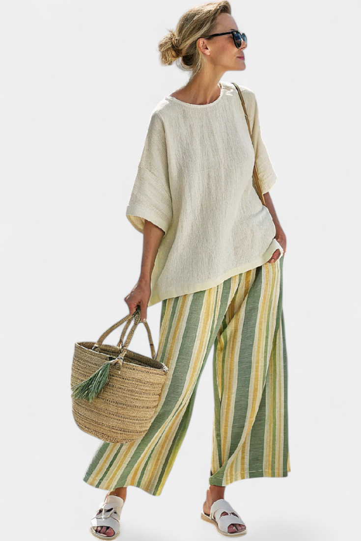 Eleanor | Sophisticated Top and Striped Linen Trousers