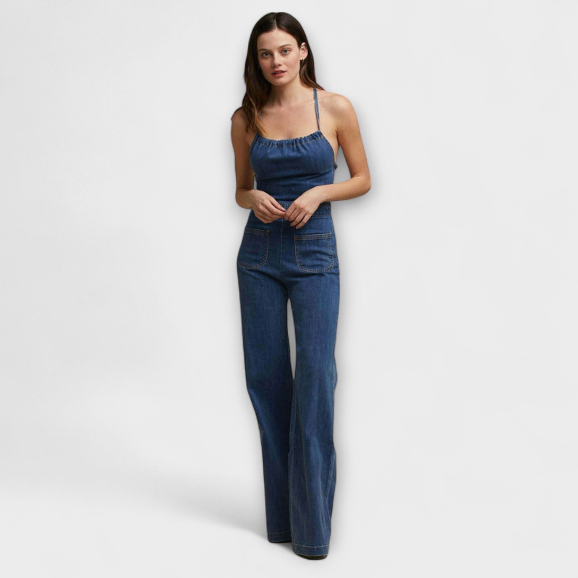 Julie | Flared Denim Jumpsuit with Tie Detail