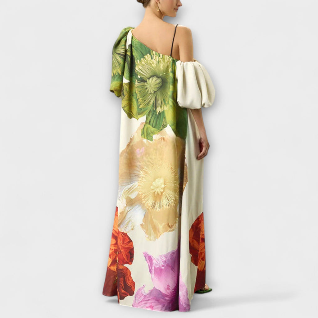 Skylar | Floral Print Maxi Dress, Asymmetrical Neckline and Balloon Sleeves