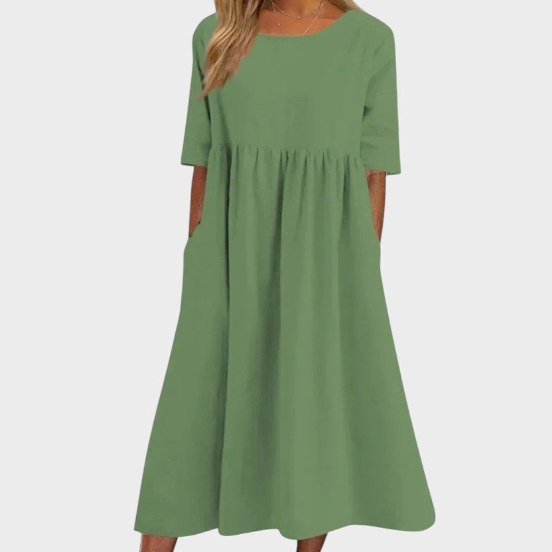 Lucia | Cotton Dress with Round Neck and Waist Detail