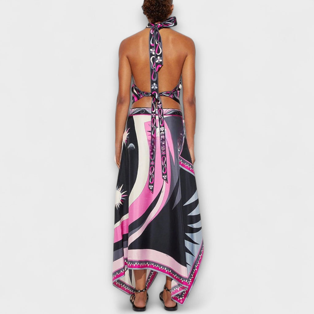 Everly | Halter Top and Asymmetrical Midi Skirt Set