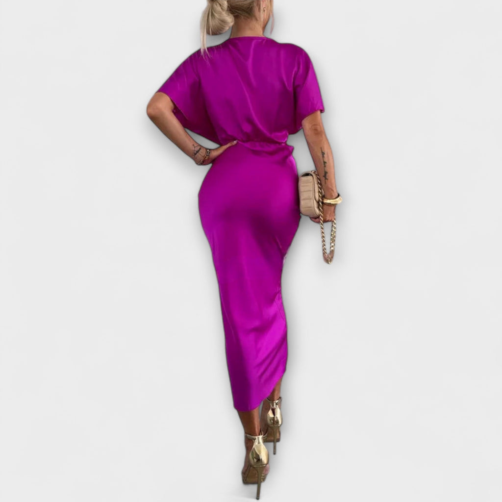 Sable | Maxi dress with V-neck and solid satin crossover knot