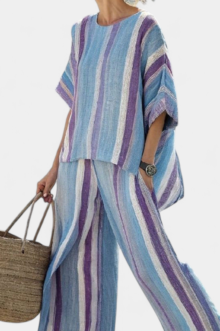 Ivy | Elegant Pastel Mauve Top and Striped Linen Trousers