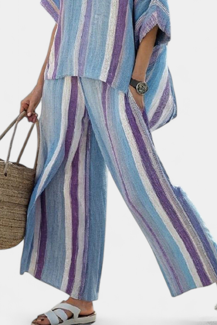 Ivy | Elegant Pastel Mauve Top and Striped Linen Trousers