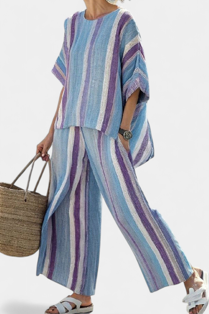 Ivy | Elegant Pastel Mauve Top and Striped Linen Trousers