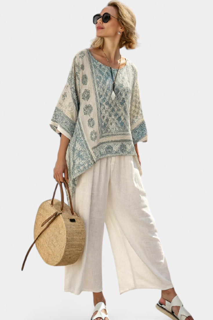 Annalisa | Comfortable Printed Blouse and White Wide-leg Trousers