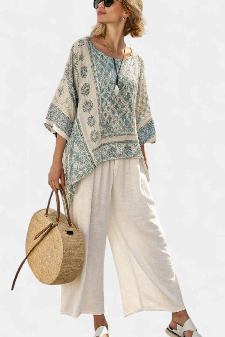 Annalisa | Comfortable Printed Blouse and White Wide-leg Trousers