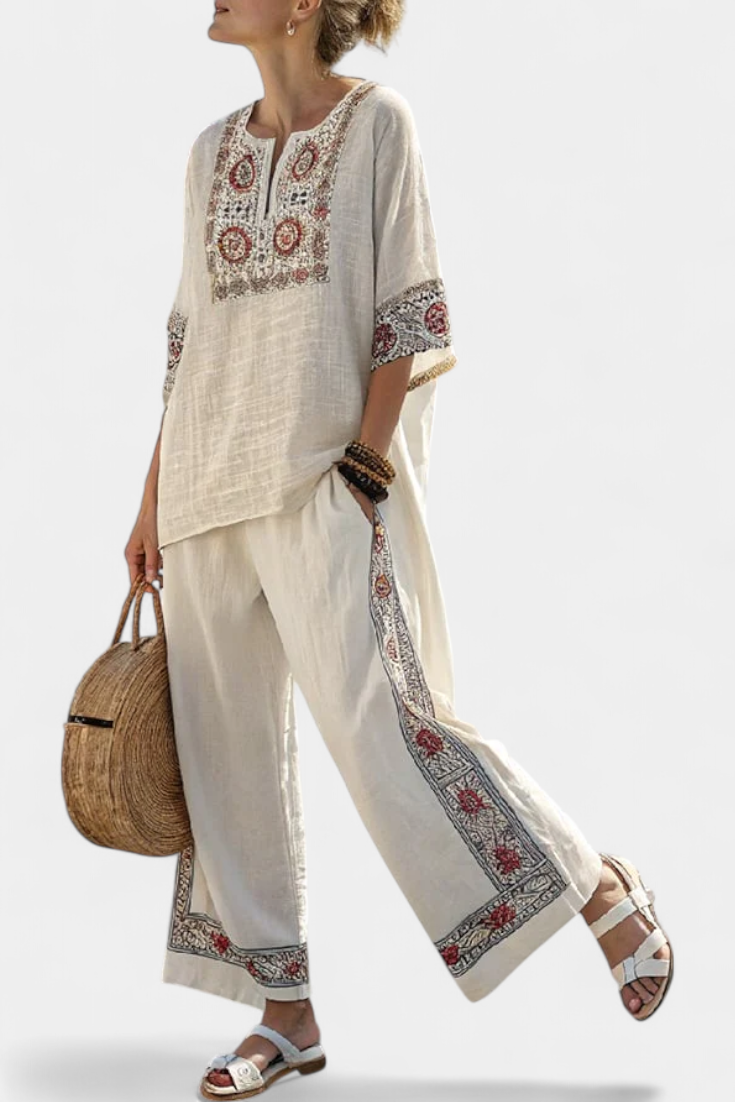 Amanda | Basic Embroidered Blouse and Wide-leg Trousers