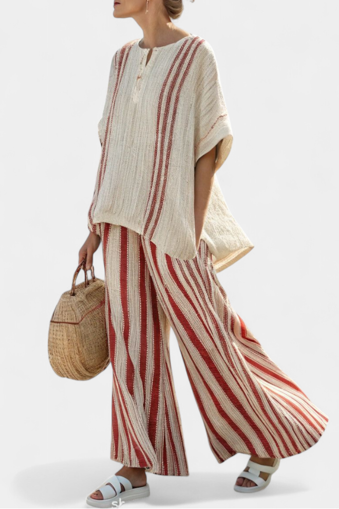 Sylvie | Red Striped Structured Top and Linen Trousers